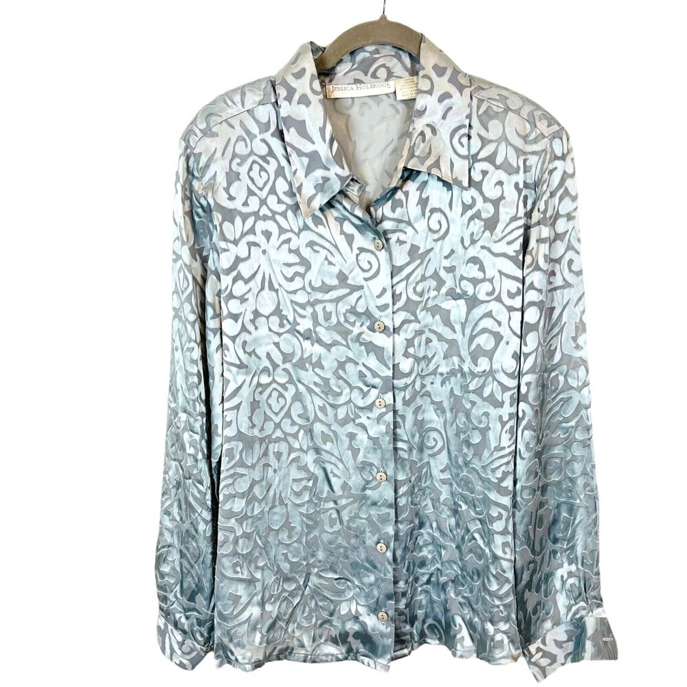 Jessica Holbrook Silk Blend Sheer Button Up Womens Silver Gray Shirt M Vintage